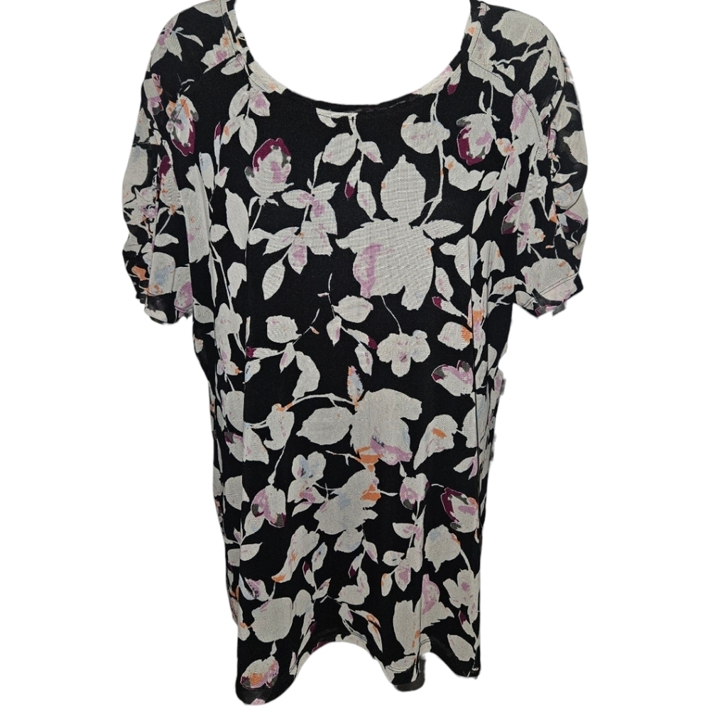 DKNY Double Lined Mesh Floral Ruffled Short Sleeve Top